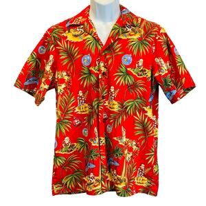 RJC Christmas Tropical Island Surfing Santa Hawaiian Aloha Shirt Size L